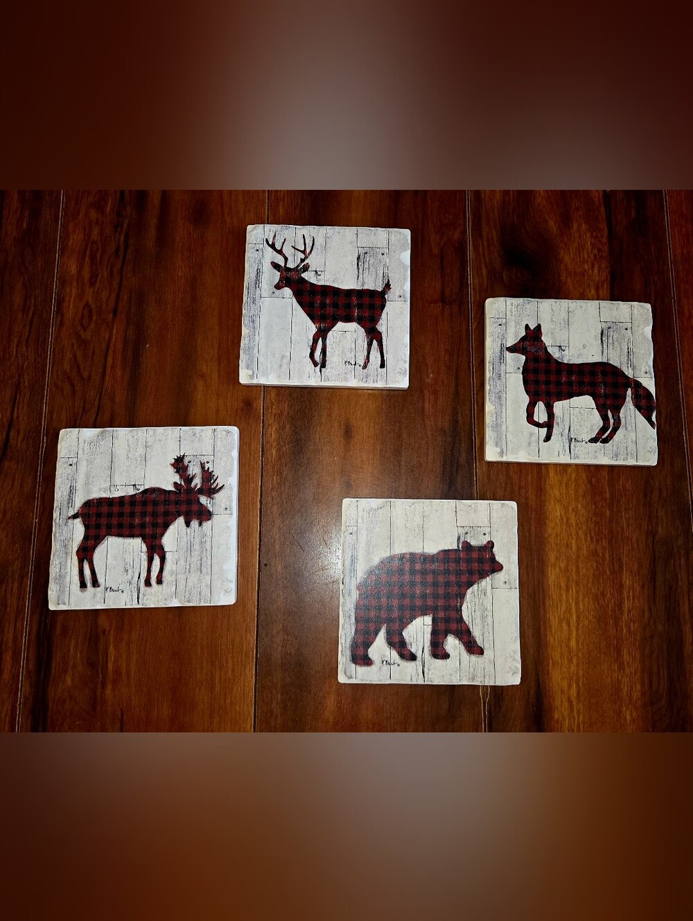 EUC Paul Brent Plaid Woodland Animal Drink Coaster Set Holiday Christmas Deer